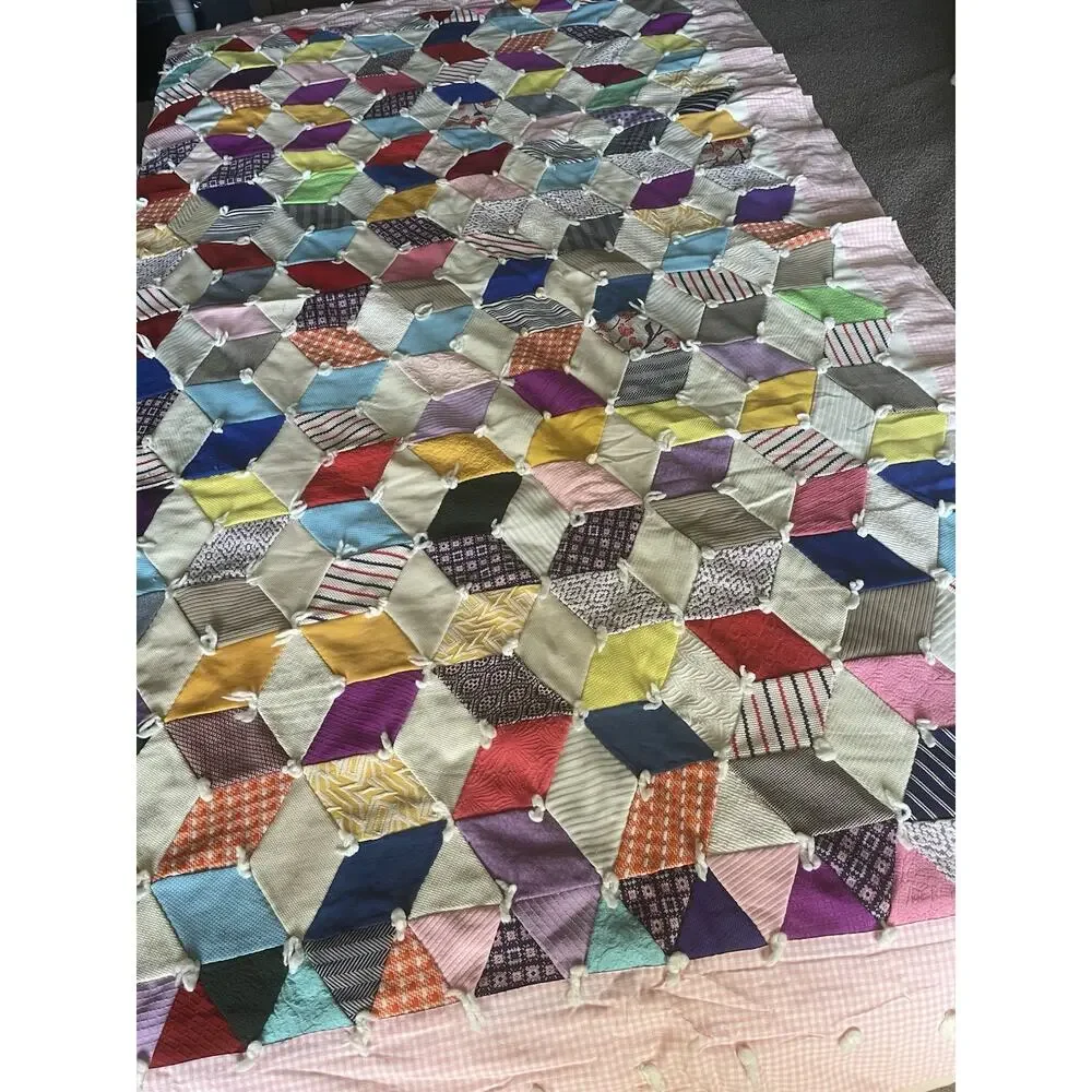Vintage Handmade Necktie Quilt Tumbling Blocks Patchwork Hand Tied 82x75
